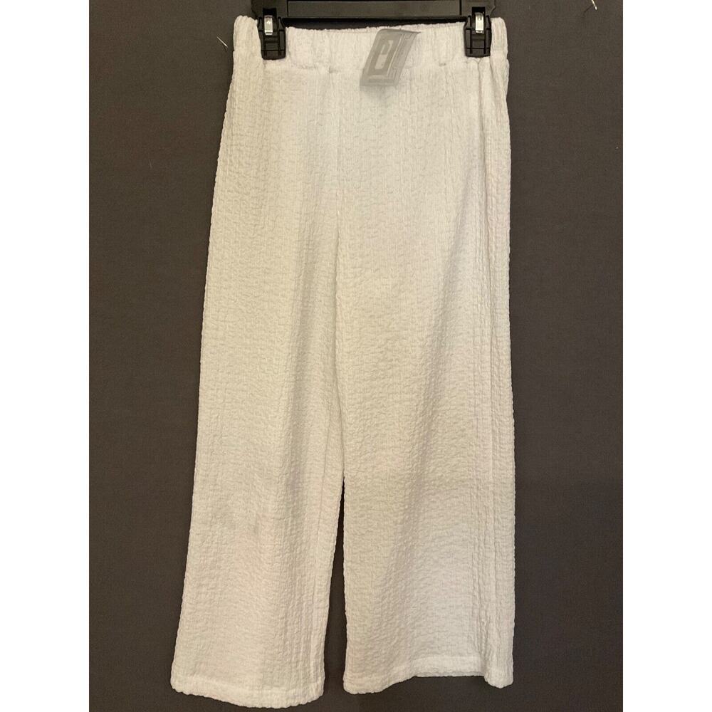 H&M Girls White Textured Wide-Leg Cropped Pants, Size 6X, Elastic Waist, NWT